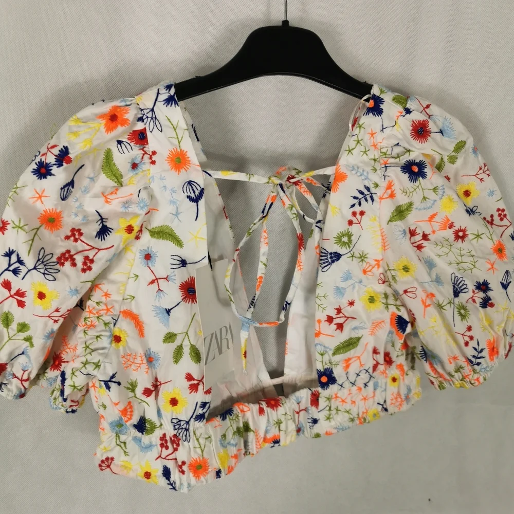 Ladies Top Size S 8 10 ZARA White Embroidered Cropped Poplin Blouse - Picture 4 of 6